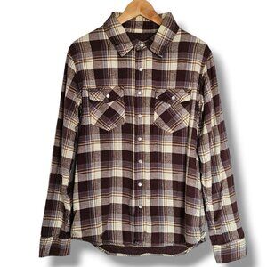 Chor Plaid Flannel Shirt Shacket Thermal Lining Pearl Snaps Pockets Size M Brown